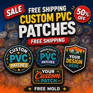 Pode incluir: Um gráfico promocional para emblemas de PVC personalizados apresentando quatro designs distintos em formas circulares, de escudo e retangulares com texto incluindo CUSTOM PVC PATCHES, YOUR DESIGN HERE e YOUR CUSTOM PATCH num fundo escuro.