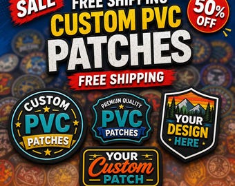 May include: A promotional graphic for custom PVC patches featuring four distinct patch designs in circular, shield, and rectangular shapes with text including CUSTOM PVC PATCHES, YOUR DESIGN HERE, and YOUR CUSTOM PATCH against a dark background.