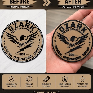 May include: A circular PVC patch featuring a tan background with black text reading OZARK POLICE DEPARTMENT SPECIAL OPERATIONS GROUP SOG. The design includes a central black eagle graphic with wings spread and a lightning bolt underneath.