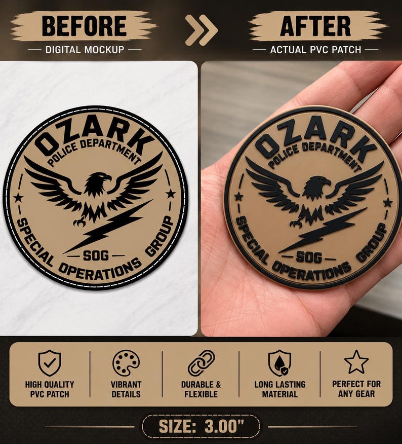 May include: A circular PVC patch featuring a tan background with black text reading OZARK POLICE DEPARTMENT SPECIAL OPERATIONS GROUP SOG. The design includes a central black eagle graphic with wings spread and a lightning bolt underneath.