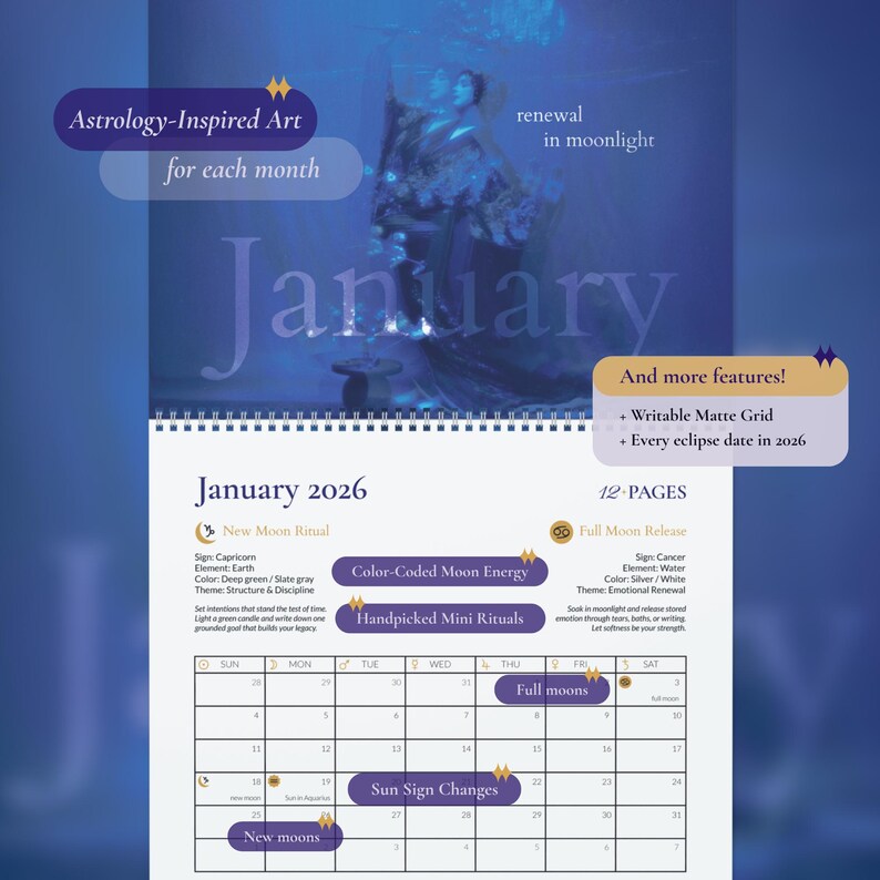 Witchy Wall Lunar Calendar 2026: Monthly Moon Rituals for Manifestation ...