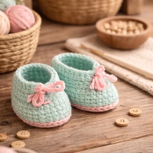 Puede incluir: Un par de patucos de beb&eacute; hechos a mano, en crochet verde menta con ribetes y lazos rosas. Los patucos est&aacute;n sobre una superficie de madera, con botones de madera esparcidos. El fondo incluye ovillos de lana y cestas.