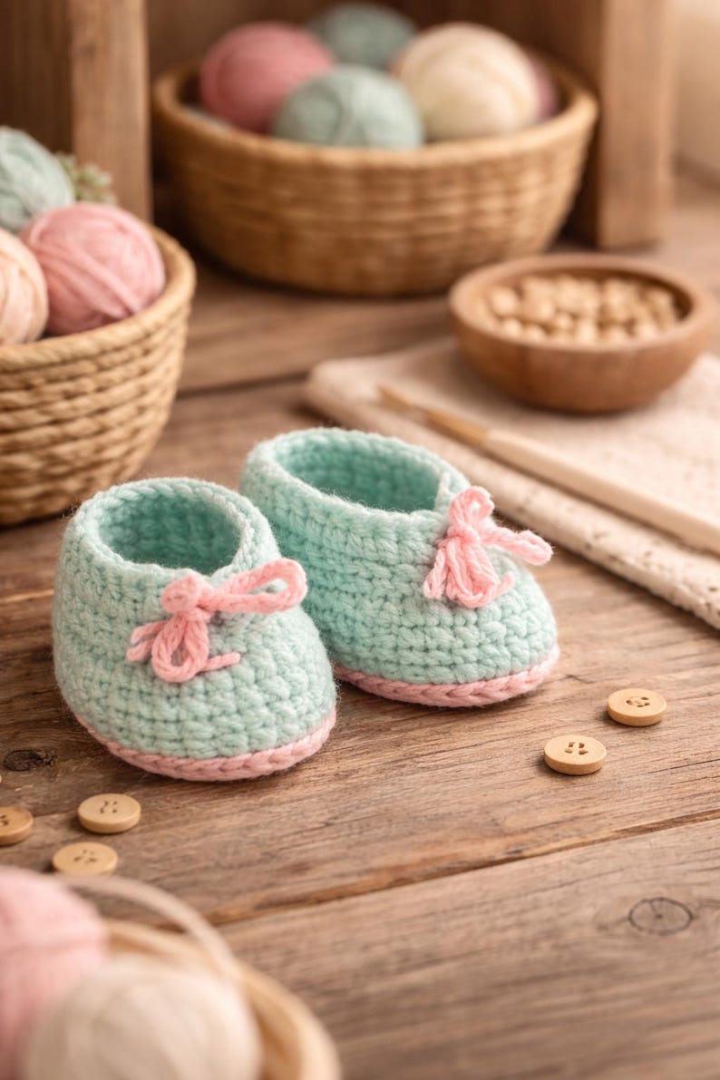 Puede incluir: Un par de patucos de beb&eacute; hechos a mano, en crochet verde menta con ribetes y lazos rosas. Los patucos est&aacute;n sobre una superficie de madera, con botones de madera esparcidos. El fondo incluye ovillos de lana y cestas.