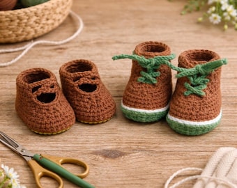 Patrón de zapatos de crochet para muñeca bebé, botas amigurumi, 2 estilos (Patrón PDF)