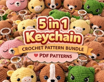 Paquete de patrones de ganchillo PDF 5 en 1 para llaveros de animales, conjunto de llaveros de amigurumi de oso, perro, gato, rana y jirafa, llavero de peluche fácil de hacer (descarga instantánea)