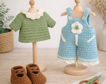 Patrón de crochet para ropa de muñeca amigurumi: suéter, overol y botas (descarga en PDF)