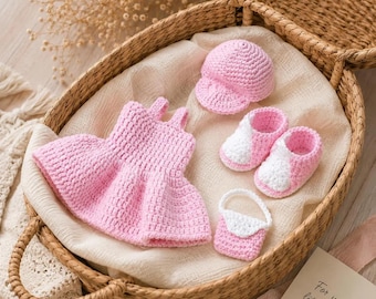 Crochet Doll Dress Set Pink Doll Clothes Outfit Hat Shoes Bag