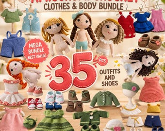 Paquete PDF de patrones de crochet 35 en 1 para ropa de muñeca amigurumi, incluye conjuntos de ropa, zapatos y sombreros, base para el cuerpo de la muñeca y armario DIY (descarga instantánea).
