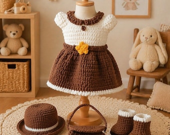 Patrón de ganchillo en PDF para vestido de muñeca amigurumi, conjunto de sombrero, bolso y botas, lindo conjunto de ropa DIY, ropa de muñeca hecha a mano, descarga instantánea para principiantes.