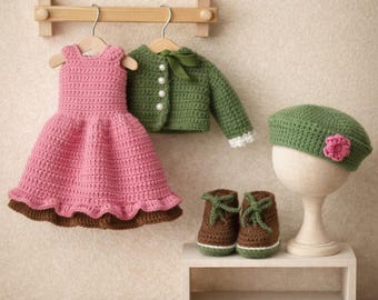 Patrón de crochet para ropa de muñeca amigurumi: vestido, cárdigan, gorro y botas (descarga PDF)