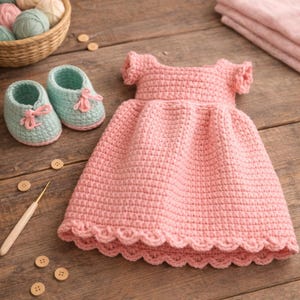 Peut inclure: Une robe de bébé rose clair au crochet, avec un ourlet festonné, associée à des chaussures de bébé au crochet bleu clair assorties avec des nœuds roses. La scène comprend un panier de fil, des boutons et un crochet sur une surface en bois.