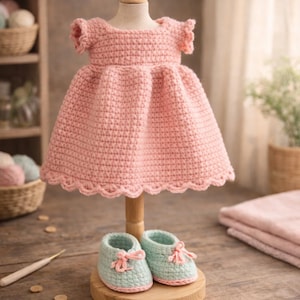 Puede incluir: Un vestido de beb&eacute; rosa hecho a mano con crochet con un dobladillo festoneado y zapatos de beb&eacute; de crochet azul claro a juego con lazos rosas. El vestido se exhibe en un soporte de madera, mostrando la delicada artesan&iacute;a del crochet.