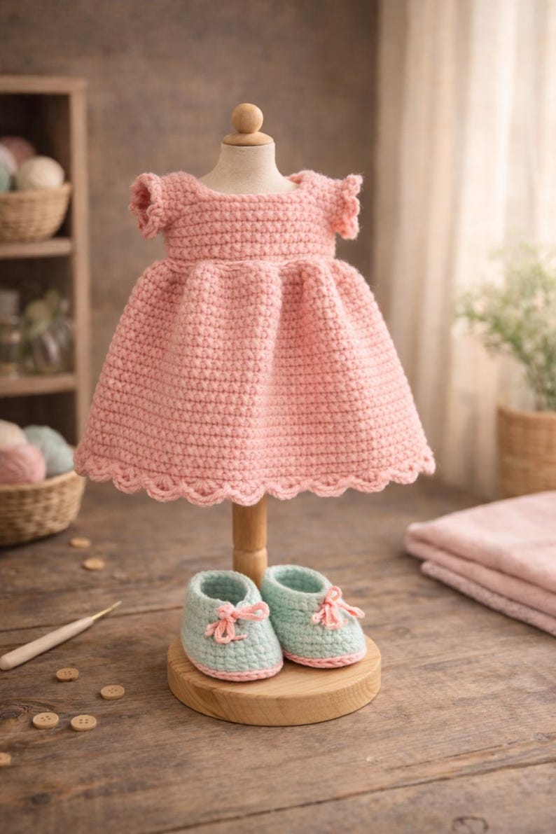 Puede incluir: Un vestido de beb&eacute; rosa hecho a mano con crochet con un dobladillo festoneado y zapatos de beb&eacute; de crochet azul claro a juego con lazos rosas. El vestido se exhibe en un soporte de madera, mostrando la delicada artesan&iacute;a del crochet.