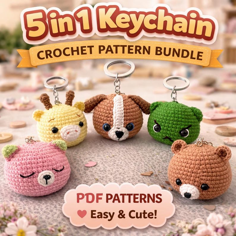 Crochet Keyring Patterns 5 in 1 Animal Keychain Crochet Pattern PDF Bundle, Amigurumi Bear Dog ...