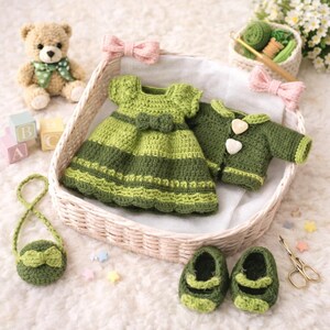 Patrón de ganchillo en PDF para ropa de muñeca amigurumi: vestido, cárdigan, zapatos, bolso y conjunto (descarga digital).