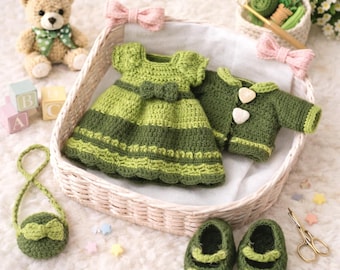Patrón de ganchillo en PDF para ropa de muñeca amigurumi, conjunto de vestido, cárdigan, zapatos y bolso, paquete de ropa DIY, lindo guardarropa para muñecas, ideal para principiantes.