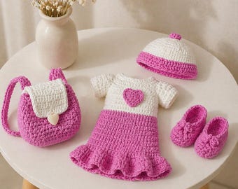 Patrón de ganchillo en PDF para ropa de muñeca amigurumi, conjunto de vestido, sombrero, zapatos y bolso, lindo conjunto de ropa DIY, armario para muñecas ideal para principiantes, descarga instantánea.