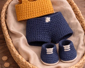 Patrón de ropa de muñeca a crochet: top corto, pantalones cortos y zapatos (patrón PDF)