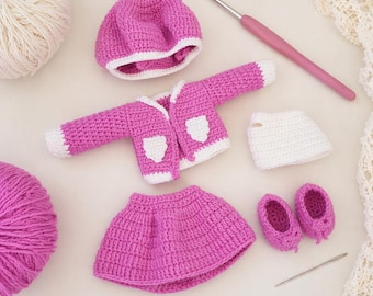 Patrón de ganchillo en PDF para ropa de muñeca amigurumi, conjunto de falda, cárdigan, sombrero y zapatos, lindo conjunto de ropa DIY, armario para muñecas ideal para principiantes