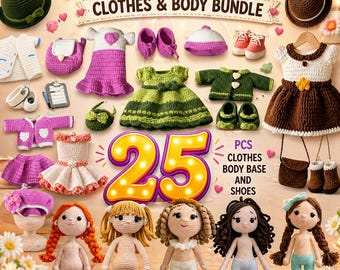 Patrón de ganchillo PDF 25 en 1 para ropa de muñeca amigurumi, incluye conjunto de vestido, zapatos y base para el cuerpo. Paquete de armario para muñeca DIY de descarga instantánea.