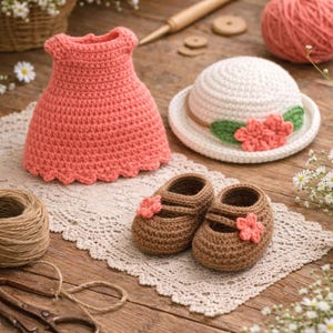 May include: A coral-colored crochet dress, a white crochet hat with a floral accent, and brown crochet baby shoes with pink flowers are displayed on a wooden surface. A ball of yarn and a pair of scissors are also present.