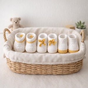 May include: A collection of six white crochet baby booties with yellow accents, arranged in a woven basket. Some booties feature yellow bows, while others have yellow trim around the top or bottom. The basket is lined with white fabric.