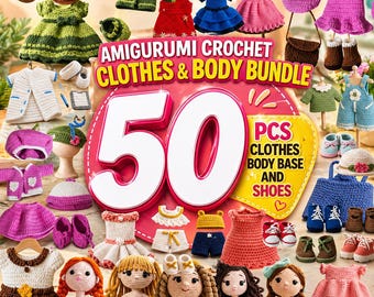Paquete PDF de patrones de crochet 50 en 1 para ropa de muñeca amigurumi, incluye conjunto de vestido, zapatos y base para el cuerpo. Armario para muñeca DIY de descarga instantánea.