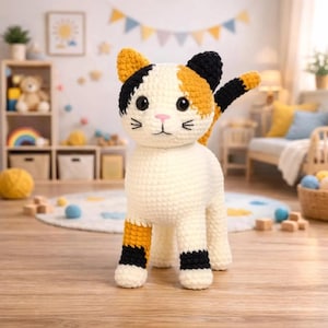 May include: A crocheted calico cat plush toy featuring a white body with patches of orange and black on its head, ears, tail, and legs. The cat has large black safety eyes, a pink stitched nose, and black embroidered whiskers on its face.