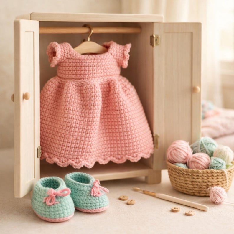 Puede incluir: Un vestido rosa claro de ganchillo cuelga en un peque&ntilde;o armario de madera. Junto al armario hay un par de patucos de beb&eacute; de ganchillo turquesa con lazos rosas, una cesta de hilo y un ganchillo. La escena evoca un tema artesanal.