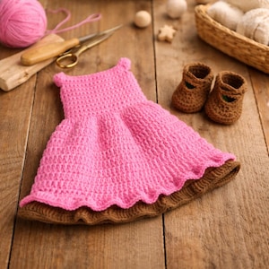 May include: A handmade pink crochet baby dress with a brown scalloped hem. Two brown crochet baby booties are next to the dress. A ball of pink yarn, scissors, and other craft supplies are in the background.