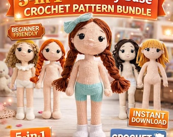Patrón de ganchillo 5 en 1 para cuerpo de muñeca amigurumi en PDF, tutorial para base de muñeca niña, juguete de peluche DIY, descarga instantánea de diseño de muñeca suave