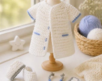 Patrón de ganchillo PDF para traje de médico amigurumi, bata de enfermera para muñeca, conjunto de estetoscopio y zapatos, lindo uniforme médico DIY, ideal para principiantes.