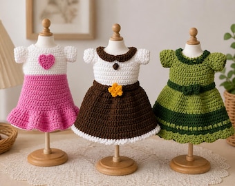 Patrón de ganchillo 3 en 1 para vestido de muñeca amigurumi en PDF, lindo conjunto de ropa DIY, conjunto de ropa para muñeca hecho a mano, descarga instantánea ideal para principiantes