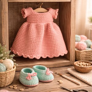 Puede incluir: Un vestido de beb&eacute; de ganchillo rosa claro, colgado de una percha de madera. Dos zapatos de beb&eacute; de ganchillo azul claro con lazos rosas est&aacute;n sobre una superficie de madera. La escena incluye ovillos de lana y cestas.