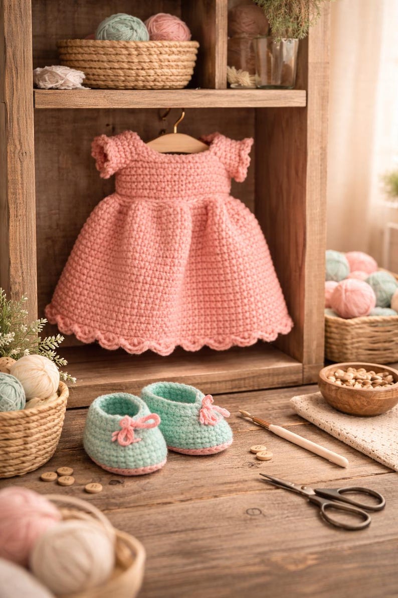 Puede incluir: Un vestido de beb&eacute; de ganchillo rosa claro, colgado de una percha de madera. Dos zapatos de beb&eacute; de ganchillo azul claro con lazos rosas est&aacute;n sobre una superficie de madera. La escena incluye ovillos de lana y cestas.