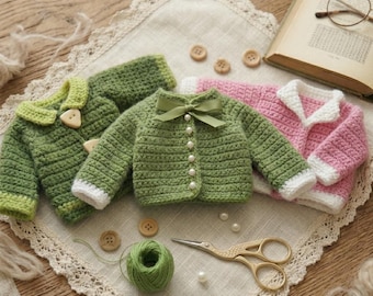 Patrón de amigurumi para cárdigan de muñeca en PDF, lindo conjunto de chaqueta y suéter para muñecas, tutorial de ropa DIY, atuendo para muñeca ideal para principiantes.