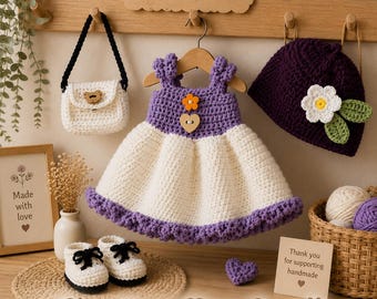 Mini Crochet Doll Dress Pattern, Purple and Cream Amigurumi Outfit Set with Hat Bag and Shoes, PDF Tutorial, Handmade Toy Clothes