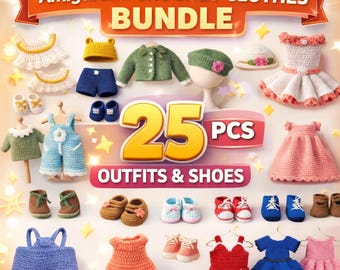 Patrón de crochet 25 en 1 para ropa de muñeca amigurumi, paquete en PDF, vestidos, zapatos, sombreros y conjuntos, armario completo para muñecas, idea de regalo DIY.