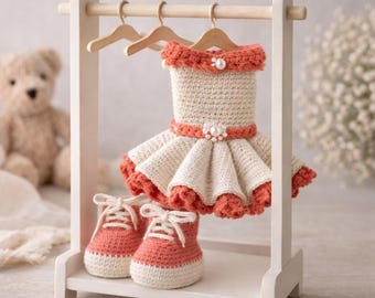 Coral Ruffle Dress and Sneakers Crochet Pattern (PDF), Amigurumi Doll Clothes Set