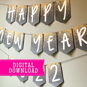 Happy New Year Printable Banner and Garland | Black and Gold | Instant Download | Print at Home | Party Decoration Banner