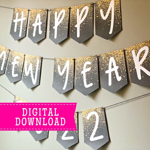 Happy New Year Printable Banner and Garland Black and Gold Instant Download  Print at Home Party Decoration Banner - Etsy Finland