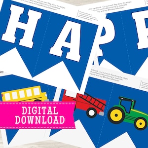 Transportation Happy Birthday Printable Banner (Blue) | Instant Download Print-at-Home and Cut |  Birthday Party Decoration Banner
