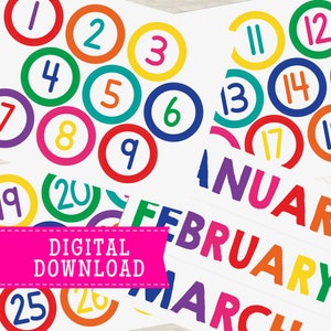 Klassenzimmer / Spielzimmer Kalender Teile - Monate und Tage | Home Schule | Sofort Download | Regenbogenfarben