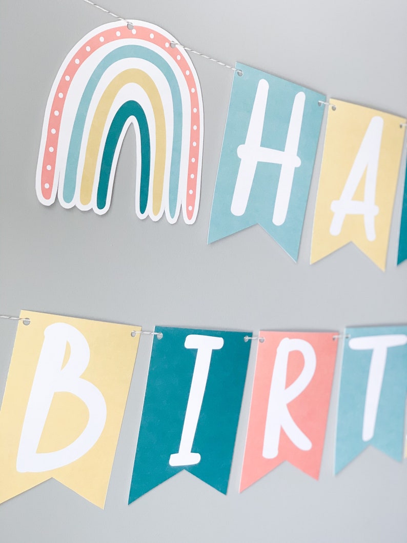 Muted Rainbow Birthday Banner: Printable Party Garland (digital ...