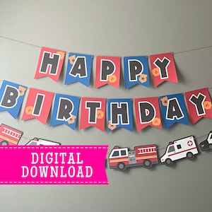 Rescue Vehicles Happy Birthday Printable Banner | Instant Download Print-at-Home and Cut | Firetrucks, Police Cars, Ambulances