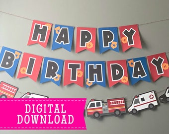 Rescue Vehicles Birthday Banner: Firetruck, Police Car, Ambulance (Digital Download)