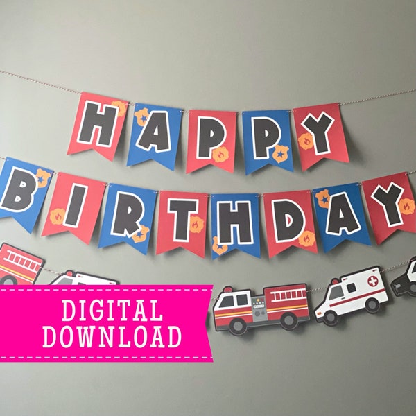 Rescue Vehicles Happy Birthday Printable Banner | Instant Download Print-at-Home and Cut | Firetrucks, Police Cars, Ambulances