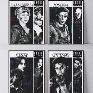 May include: Four framed posters featuring characters from the game Until Dawn. Each print displays a name, the title Until Dawn, and black and white portraits of the characters Samantha, Joshua, Emily, and Michael with colored accents.