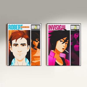 Könnte beinhalten: Zwei gerahmte Kunstdrucke mit Illustrationen im Comic-Stil. Ein Druck zeigt den Text "ROBERT" und "MECHA MAN" mit einem Porträt eines Mannes. Der andere Druck zeigt den Text "INVISIGAL" mit einem Porträt einer rauchenden Frau.