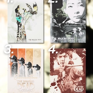 May include: Four rectangular posters featuring The Walking Dead Telltale Series artwork. Poster 1 shows a hand silhouette, 2 depicts a character face, 3 displays four versions of Clementine, and 4 shows a character aiming a bow and arrow with text.